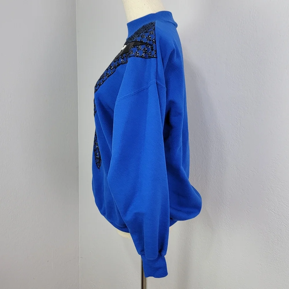 Vintage 80s Extravagannza Mock Neck Abstract Royal Blue Sweatshirt Size Large - Picture 8 of 17